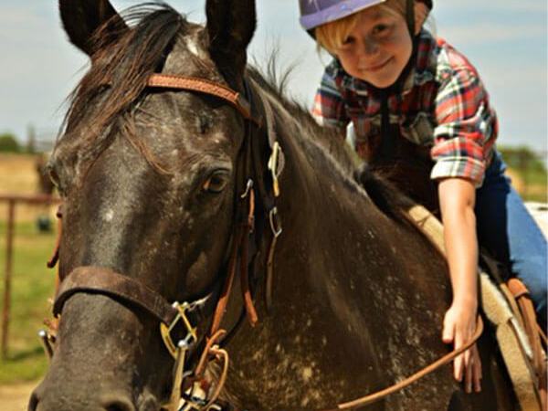 a kid petting a horse while horseback riding at the stables at cedars of lebanon in nashville tn