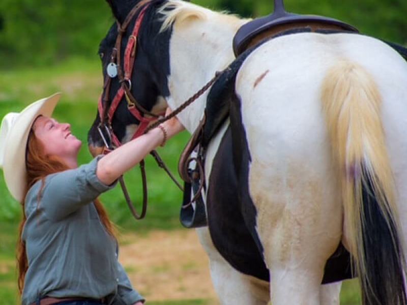 a woman petting a horse at the stables at cedars of lebanon in nashville tn